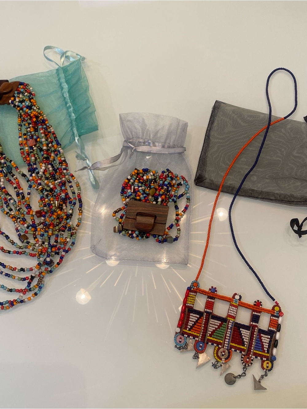 Artisan Beaded Tribal Necklace & Wooden Clasp Bead Jewelry Set Bundle